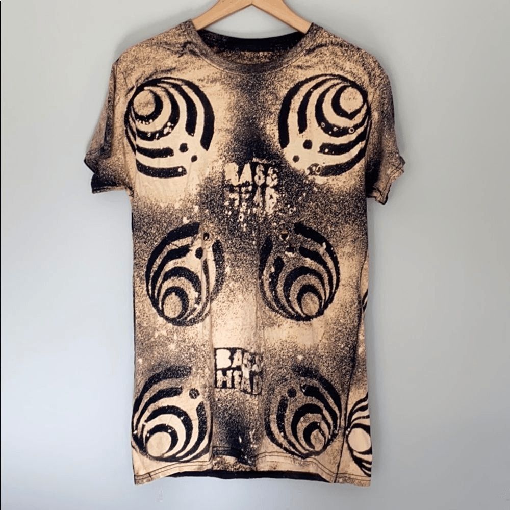 Rare Bass Head Bleached Tie Dye Distressed Tee Shirt Brown Black Festival Top